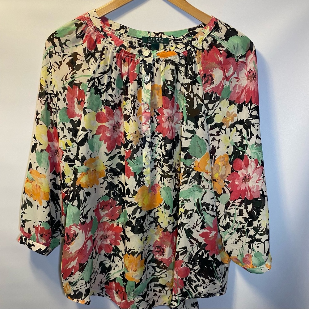 Sz L- Lauren Ralph Lauren 3/4 Sleeve Sheer Floral Blouse tunic